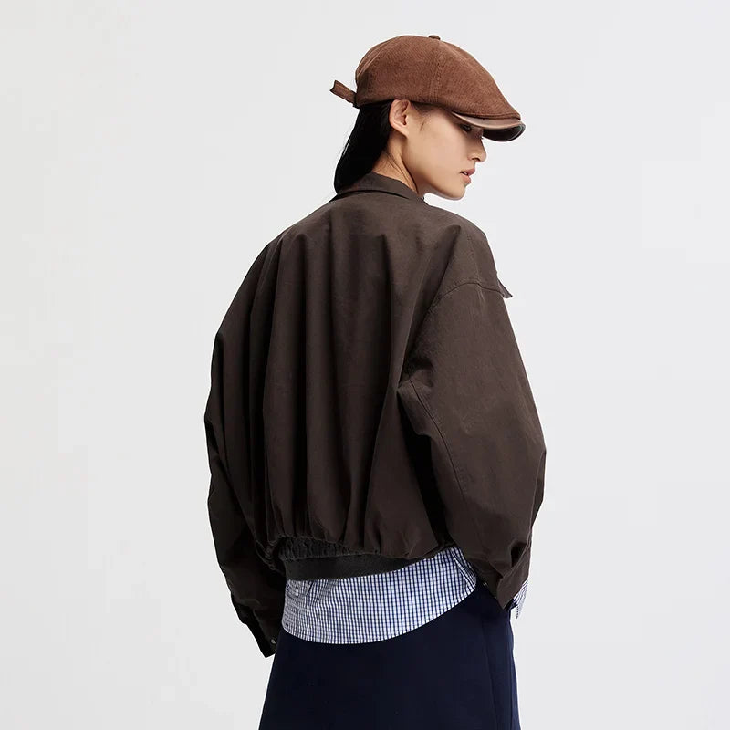 Women Jacket Solid Stand Collar Bubble Hem Oversize Dropped Shoulder Casual Style Autumn Outerwear Daily Wear 2026