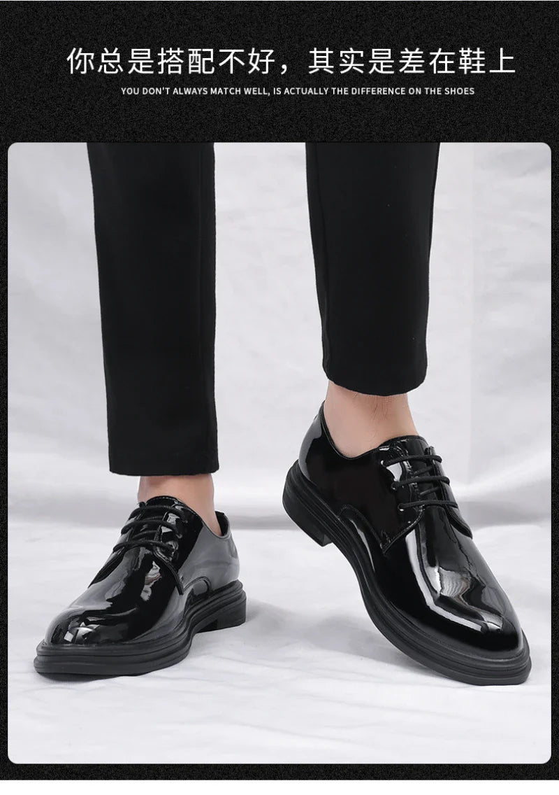 Mens Black Patent Leather Lace Up Dress Shoes With Thick Sole Platform Block Heel Formal Business Wedding Party Office Work Shoe