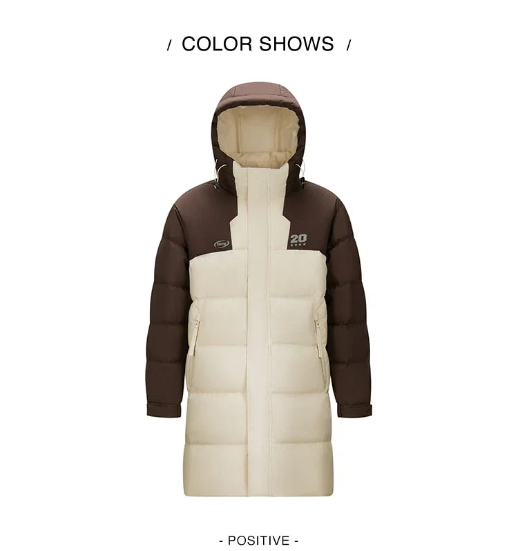 Mid-Length Down Jacket Men Color Block Hooded Sports Style Coat 2025 New Winter Trendy Look