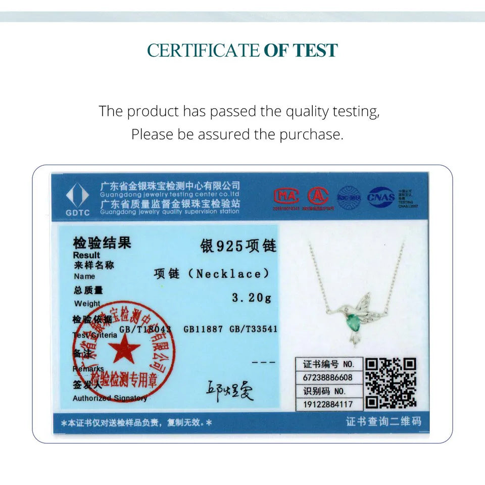 925 Sterling Silver White Gold Plated Hummingbird Necklace Bird Pendant Neck Chain for Women Party Fine Jewelry Gift