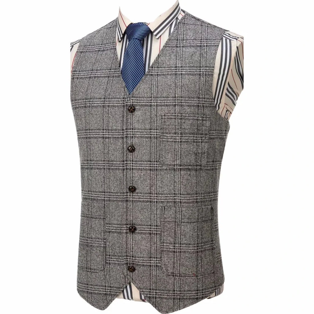 Men Vest Gray Checkered Single Button V Neck Waistcoat For Wedding Party Prom Business Work Office Daily Casual Men Suit Vest
