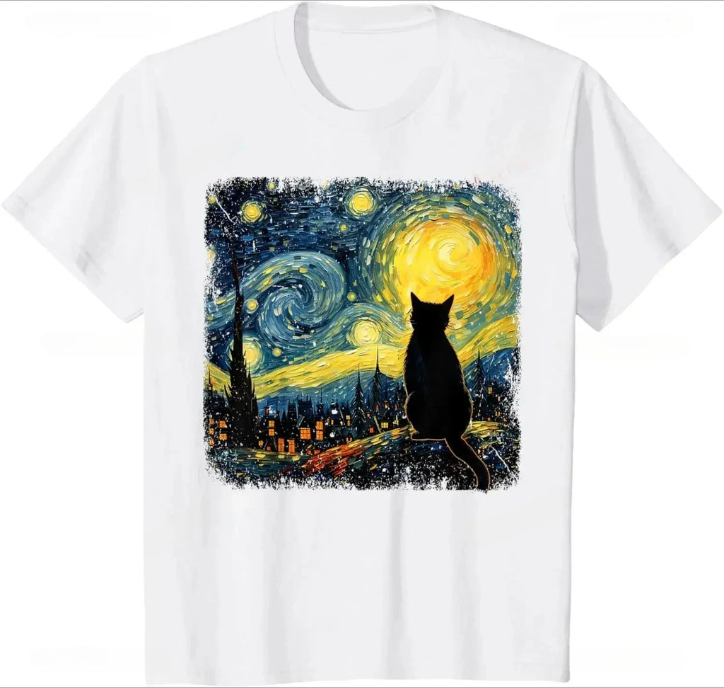 تيشيرت Cat Starry Night Van Gogh Cat لمحبي القطط، ملابس شارع عصرية غير رسمية، فضفاضة لصيف أنيق للنساء، جماليات لطيفة