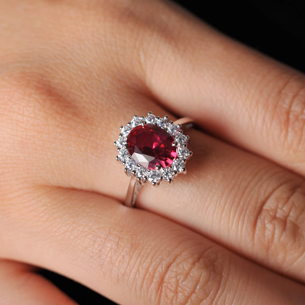Halo Rings for Women Created Blue Sapphire Nano Emerald Red Ruby Princess Diana 2.67ct Oval Cut 925 Sterling Silver Rings