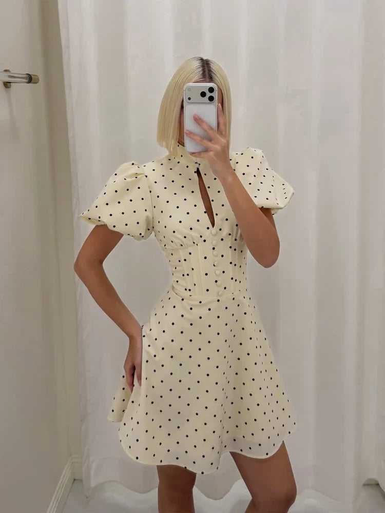 Retro Polka Dot Mini A-line Dress Elegant Stand Collar Puff Short Sleeve Waist-cinching Dresses 2026 New Lady Party Gowns