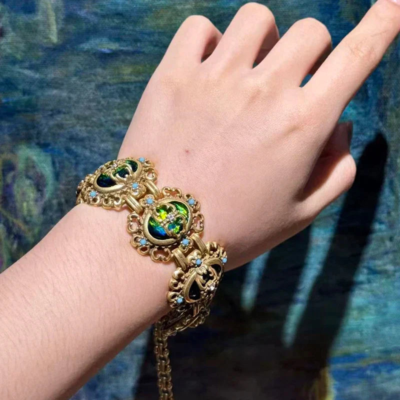 Vintage Green Opal Bracelet Natural Stone For Women Accessories Retro Jewelry Antique Gold Color Hollow Flower High Quality