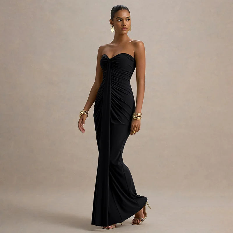 2026 Elegant Strapless Dress Women Classic Patchwork Ribbon Ruched Sexy Birthday Party Skinny Stretch Chic Clubwear Vestidos