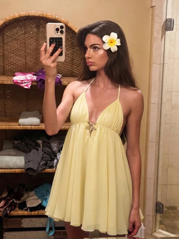 Yellow V Neck Satin Lace Patchwork Maxi Dress Chic Spaghetti Strap Backless Slip Robe 2026 Summer New Lady Beach Holiday Vestido