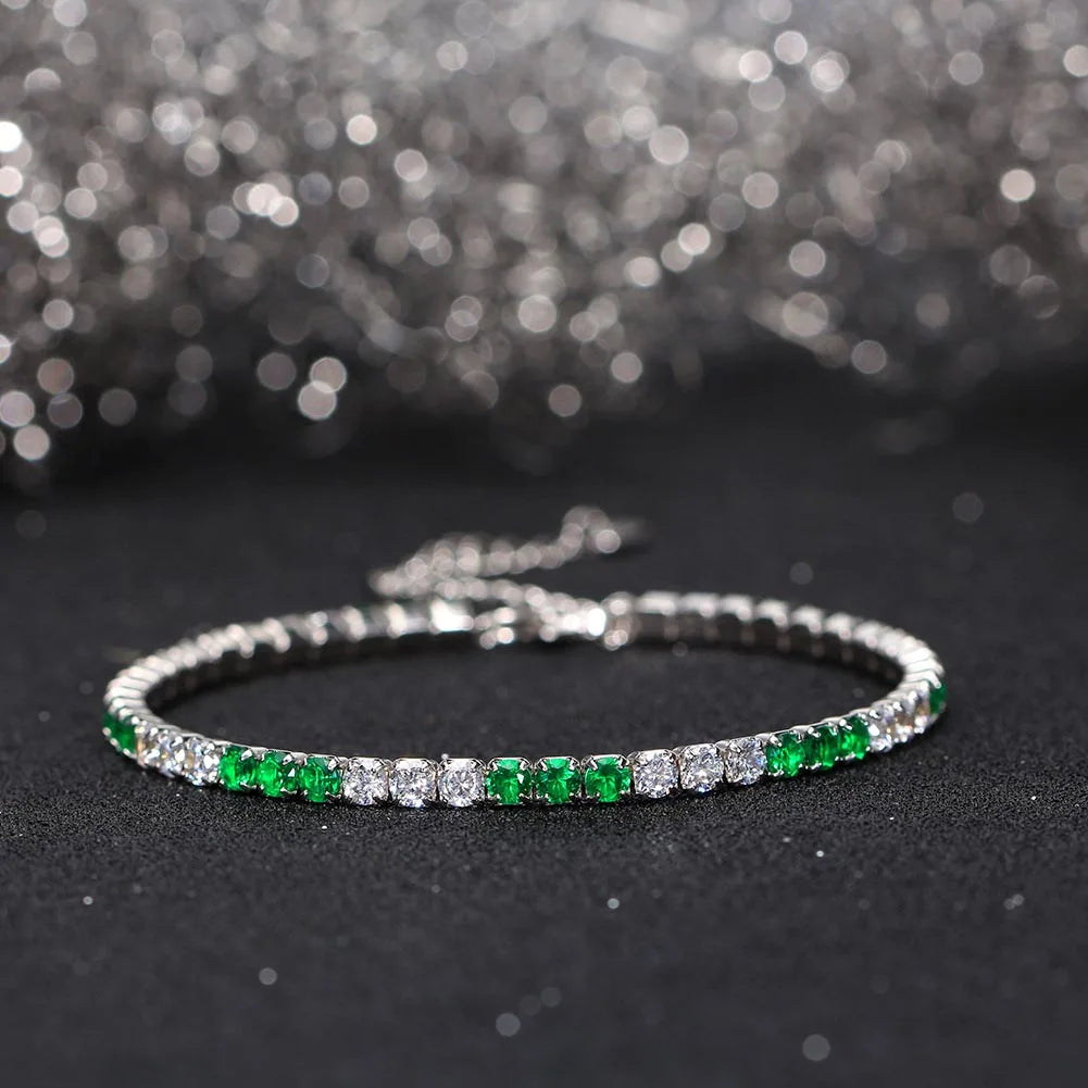 Fashion 3mm Bezel Setting Colorful 4A Cubic Zirconia Tennis 925 Sterling Silver Adjustable Bracelet for Women SB192