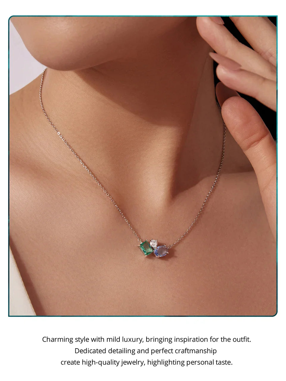 925 Sterling Silver Necklace Blue Green Stone  White Gold Zirconia Pendant Adjustable Chain for Women Fine Jewelry Gift