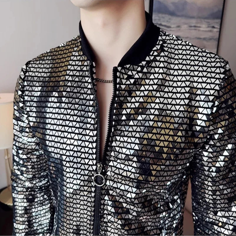 Men's Fashionable and Personalized Silver Sequin Jacket Summer New Ball Performance Suit Jacket Hip-hop Fashion Street Wear