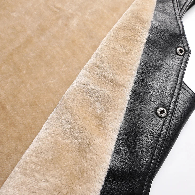 2024 Winter Men Thick Warm Fleece Leather Vest Coat  Male V-Neck Single Breasted Vest Casual Male Clothing Outerwear