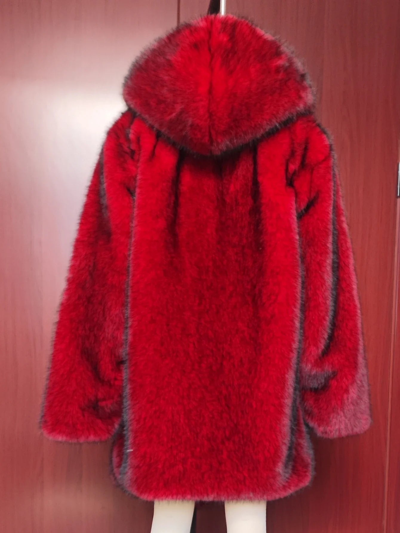 Autumn/Winter Long Warm Fluffy Faux Fur Coat Red Men's Long Sleeve High Quality Luxury Fluffy Coat