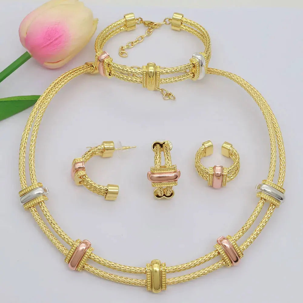 Classic 4pcs 2 Rows African Dubai Jewelry Set For Women Wedding Party Cubic Zircon Italian Bridal Jewelry Set Gift