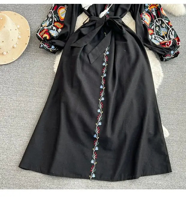 Retro Ethnic Sle Long Sve Embroidered round Ne A-Line Cotton Linen Dr Slimming Waist Cinched Ele Long Dr