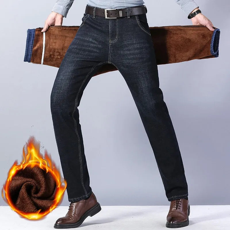 Winter New Men's Warm Blue Black Slim Jeans Classic Style Stretch Slim Fit Thick Pants Fashion Trousers Male Brand