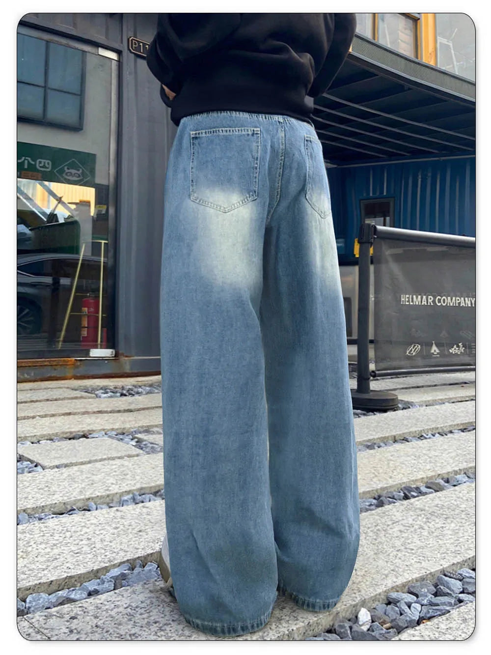 LIYS American Retro Blue Baggy Wide Leg Men's Jeans Four Seasons Street Straight Casual Ripped Denim Pants Youth Clothes Unisex