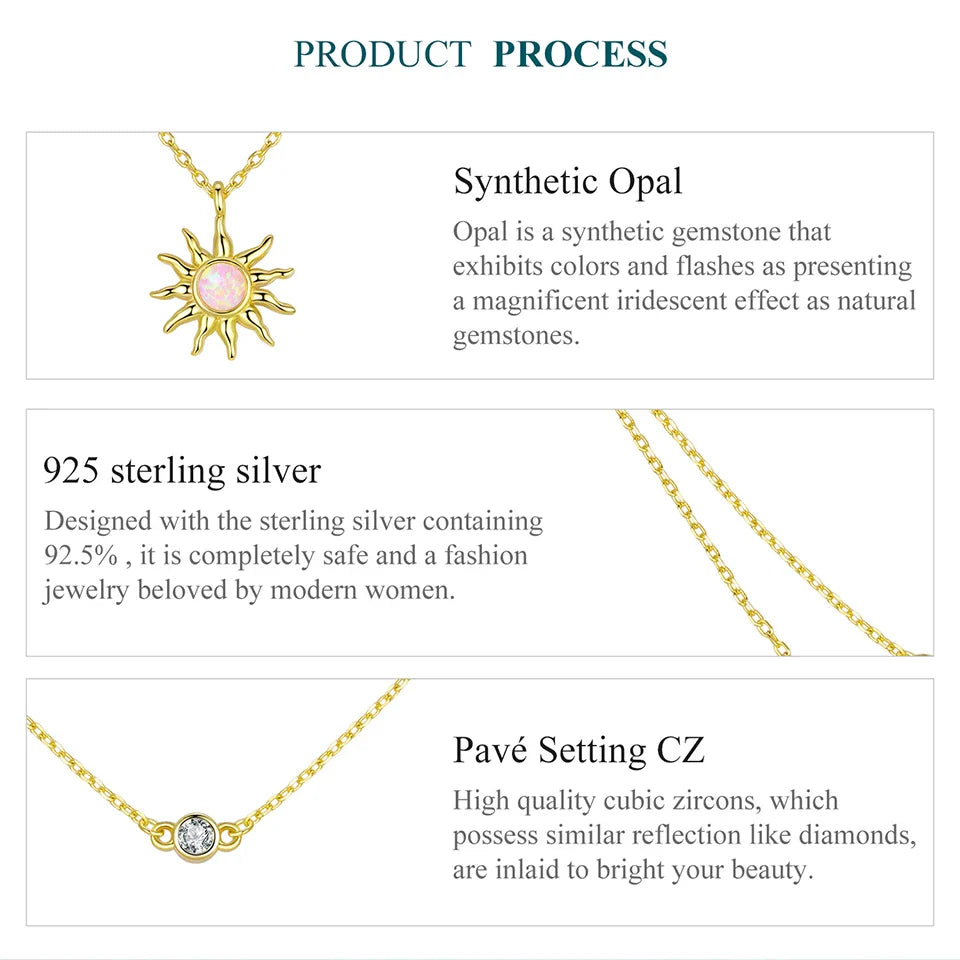 925 Sterling Silver Pink Opal Sun Double-layer Necklace Link Chain with Zircons 18K Gold Plated Pendant for Mother's Gift