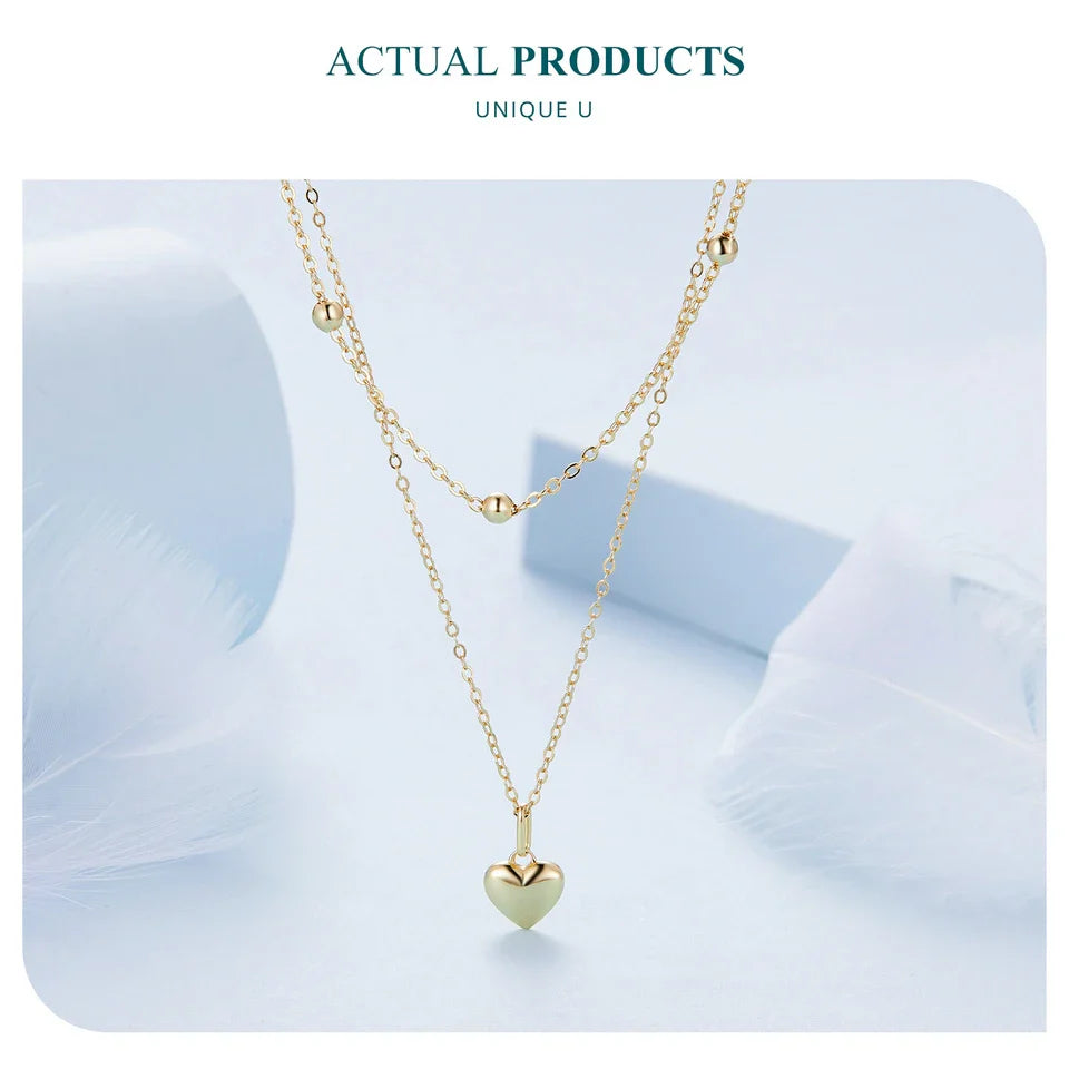 925 Sterling Silver Romantic Heart Pendant Necklace for Women Gold Double Layer Choker Female Fine Jewelry Anniversary