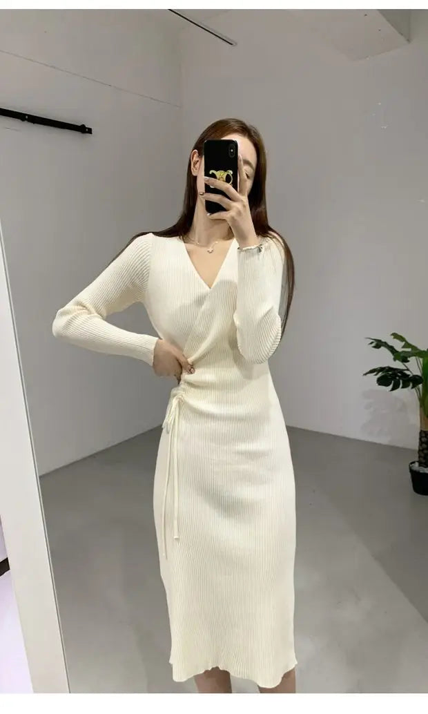 Chic V-ne Knitted Wrap Waist Slimming Mid-length A-line Dr Women's Sweater Dr Korean Sle High Waist Long Sve
