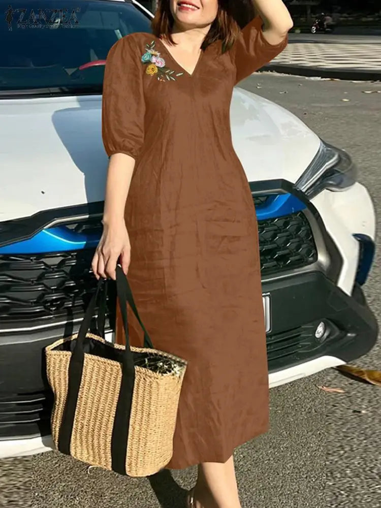 Women V Neck A-line Vestidos Solid Holiday Casual 2024 Summer Dresses Commute Half Sleeve Floral Embroidery Midi Dress