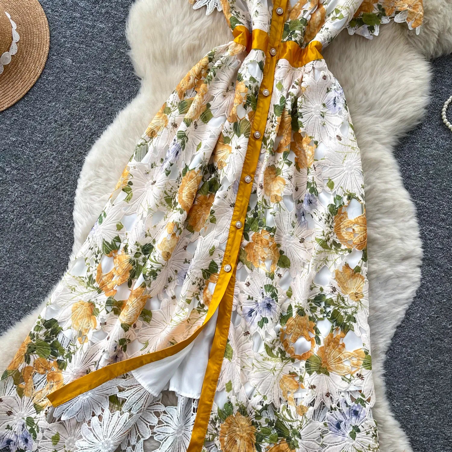 Embroidery Flower Vacation Dress French Style Blet Lapel Slim High Quality Hollow Out Ladies Elegant A-line Long Dress