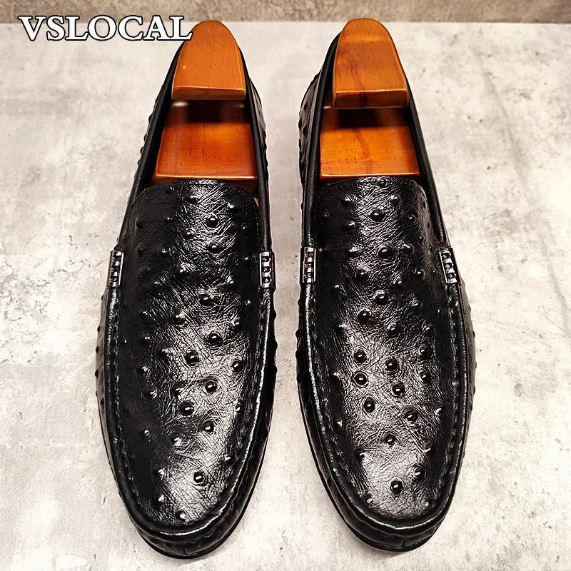 Luxury Brand Men Loafers Shoes Black Brown Ostrich Print Pointed Toe Slip-on Casual Mens Dress Shoes Slip on Loafers Men