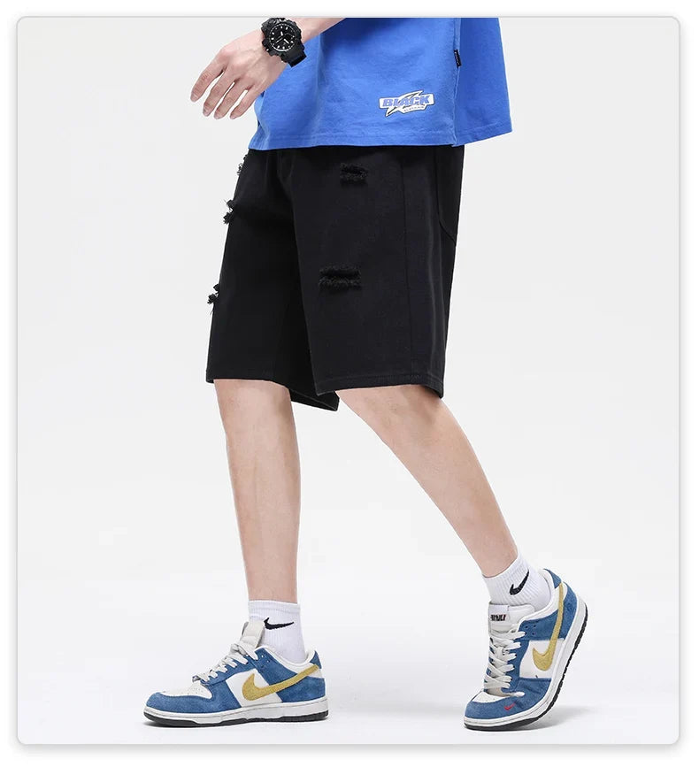 Summer New White Casual Men's Denim Shorts Ripped Fashion Loose Straight Street Bermuda Jeans Male Hole Short Pants