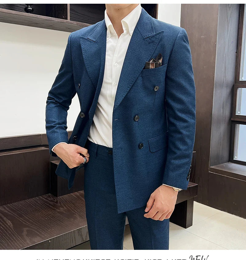 Men Vintage Luxury Double Breasted Slim Fit Lapel Evening Gown ltalian Style Fashion High-end Groom Wedding Party Tuxedo 2 Piece