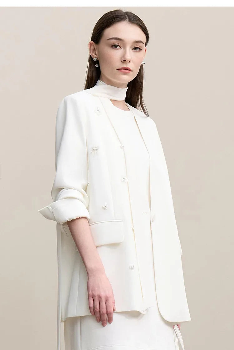 Amii Women's Jacket 2026 Autumn New Elegant Commuter Beaded Flower Chiffon Streamer Tie Blazers Solid Loose V-Neck Top 12641078