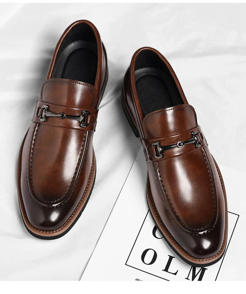 Mens Brown Burnished Genuine Leather Horsebit Loafers Slip On Formal Business Office Wedding Groom Daily Wear Shoes Simple New