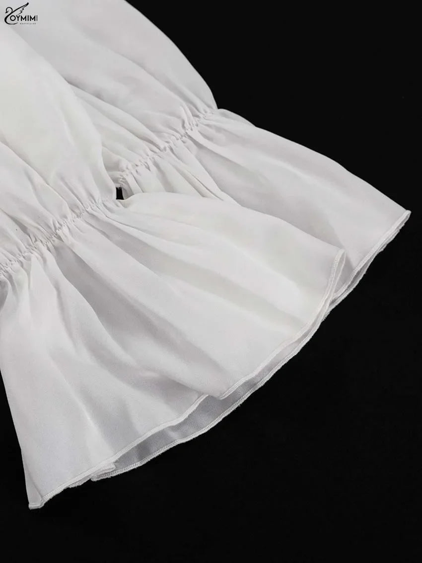 Elegant White Ruffled Dresses 2025 Woman Fashion V-Neck Lace-Up Long Sleeve Dresses Casual High Waist Floor-Length Dress