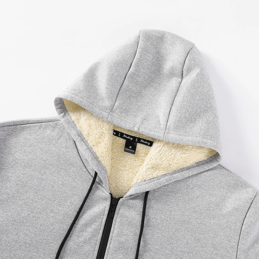 Men's Casual Thickened Wool Jacket Warm Zipper Hoodies Cardigan Sports Long Sleeve Sweatshirts Hooded Coat