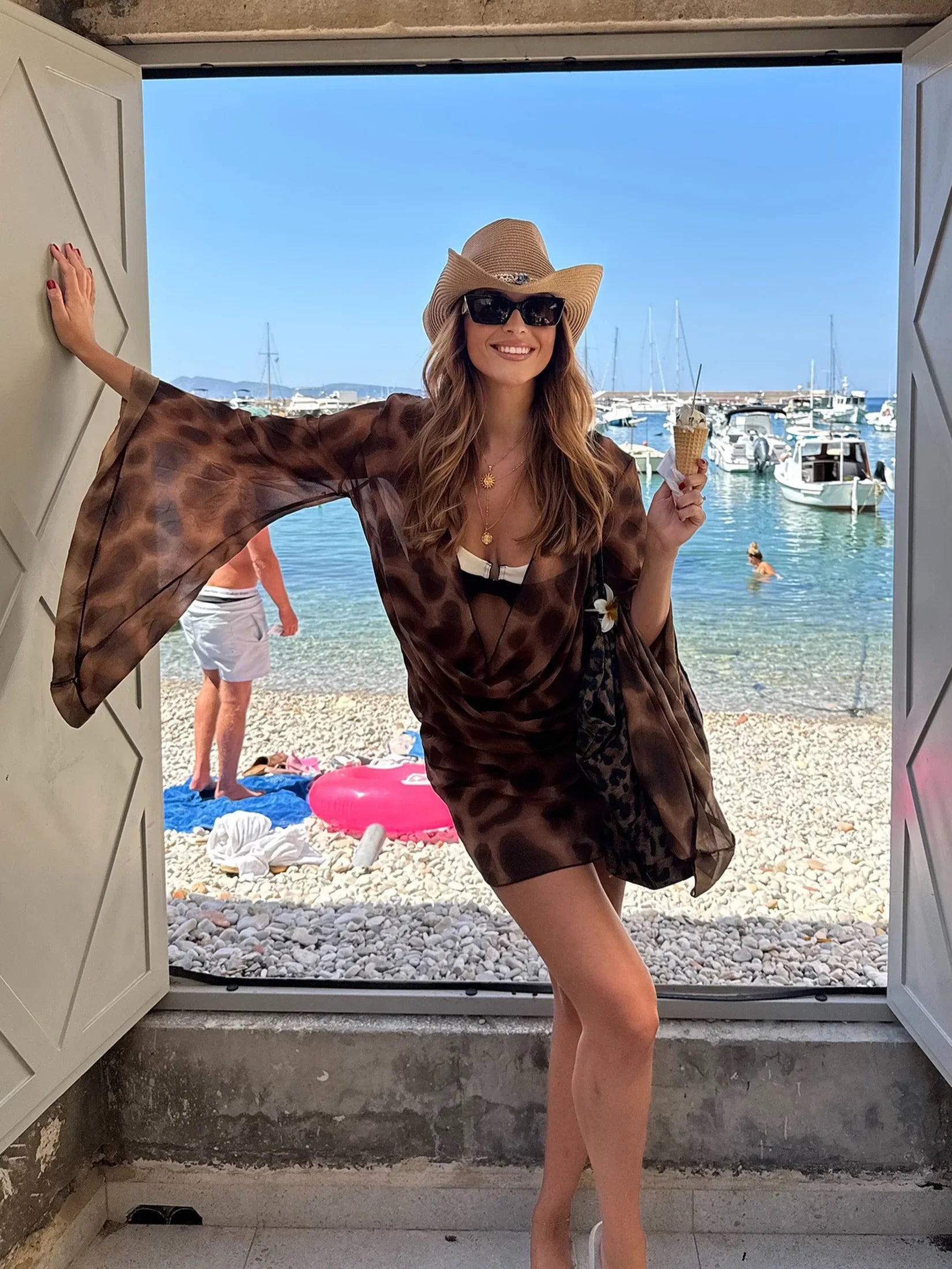 2025 Autumn Fashion Street Style Sexy Low-Cut Plunging Neckline Leopard Printed Flare Sleeve Women Beach Vacation Mini Dress C95