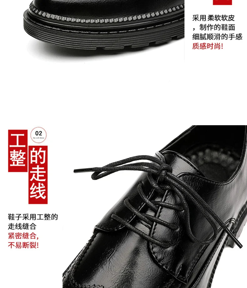 Men Korea Leather Platform Oxfords Slip on Thick Tottom for Male Derby Shoes Casual Loafers Mens Square Toe Formal Dress Shoes