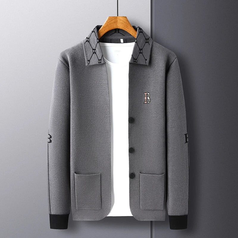 Luxury Brand Men's Autumn Winter Lapel Embroidered Sweater Coat Fashionable Business Three-dimensional Pocket Warm Knitted Jacke