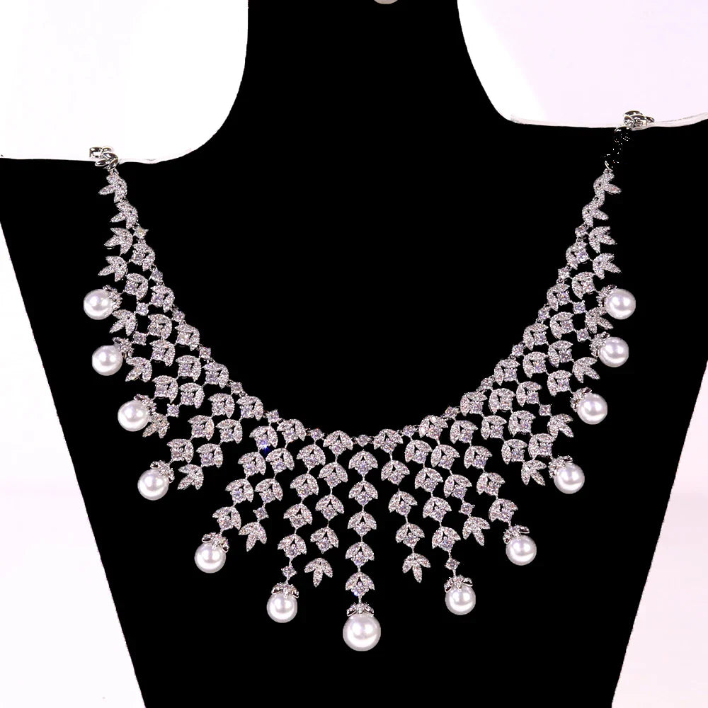 3A Cubic Zirconia Silver Color Tassel Necklace Luxury Pearl Jewelry Sets Bridal Dubai Wedding PROM Accessories