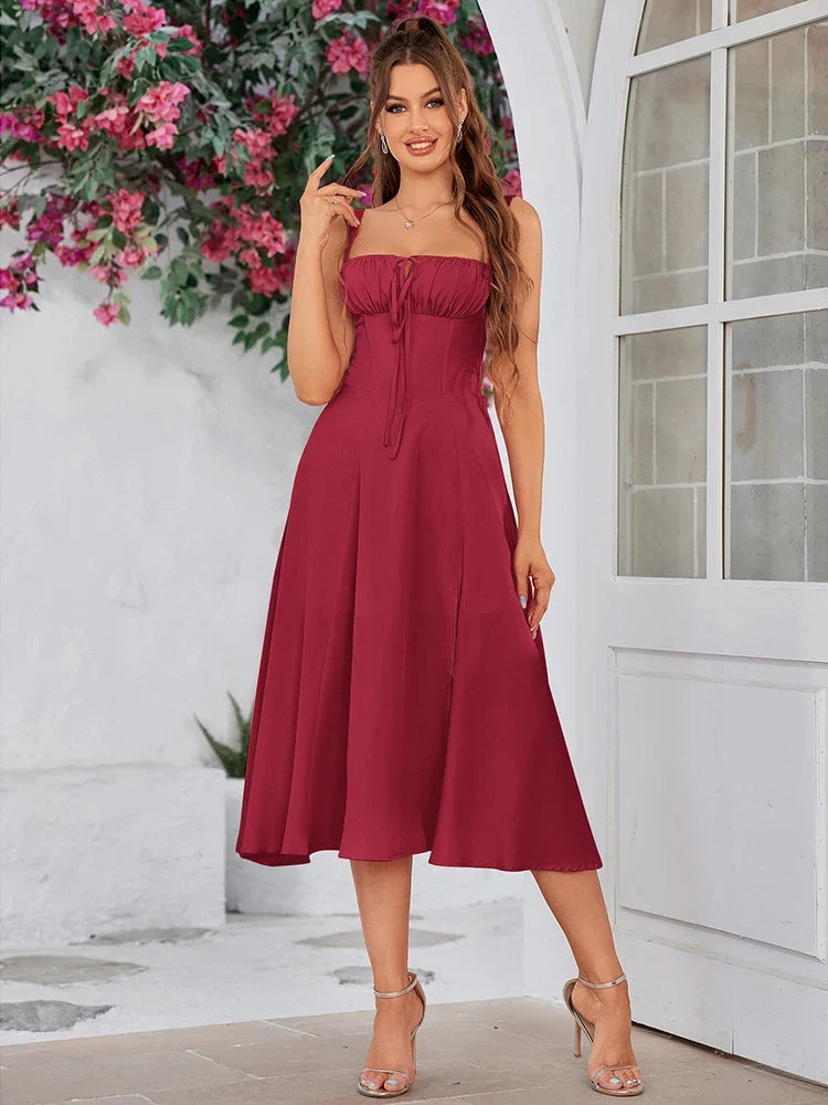 NewAsia Summer Sweet Solid Sleeveless Long Dress Women Fashion Bandage Camisole Dresses Padded Boned Robe Elegant Party Vestidos