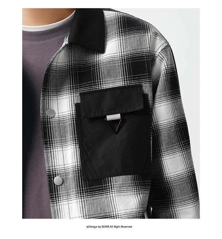 Outerwear Men 2024 Spring New Patchwork Contrast Color Checkered Top Detachable Hooded Fashionable
