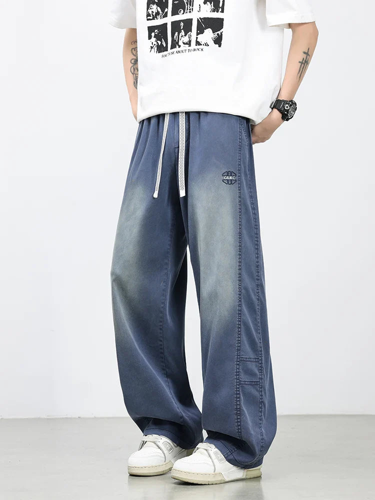 Summer Lyocell Men's Jeans Soft Elastic Washed Casual Pants Loose Lightweight Embroidery Wide Leg Straight Denim Trousers