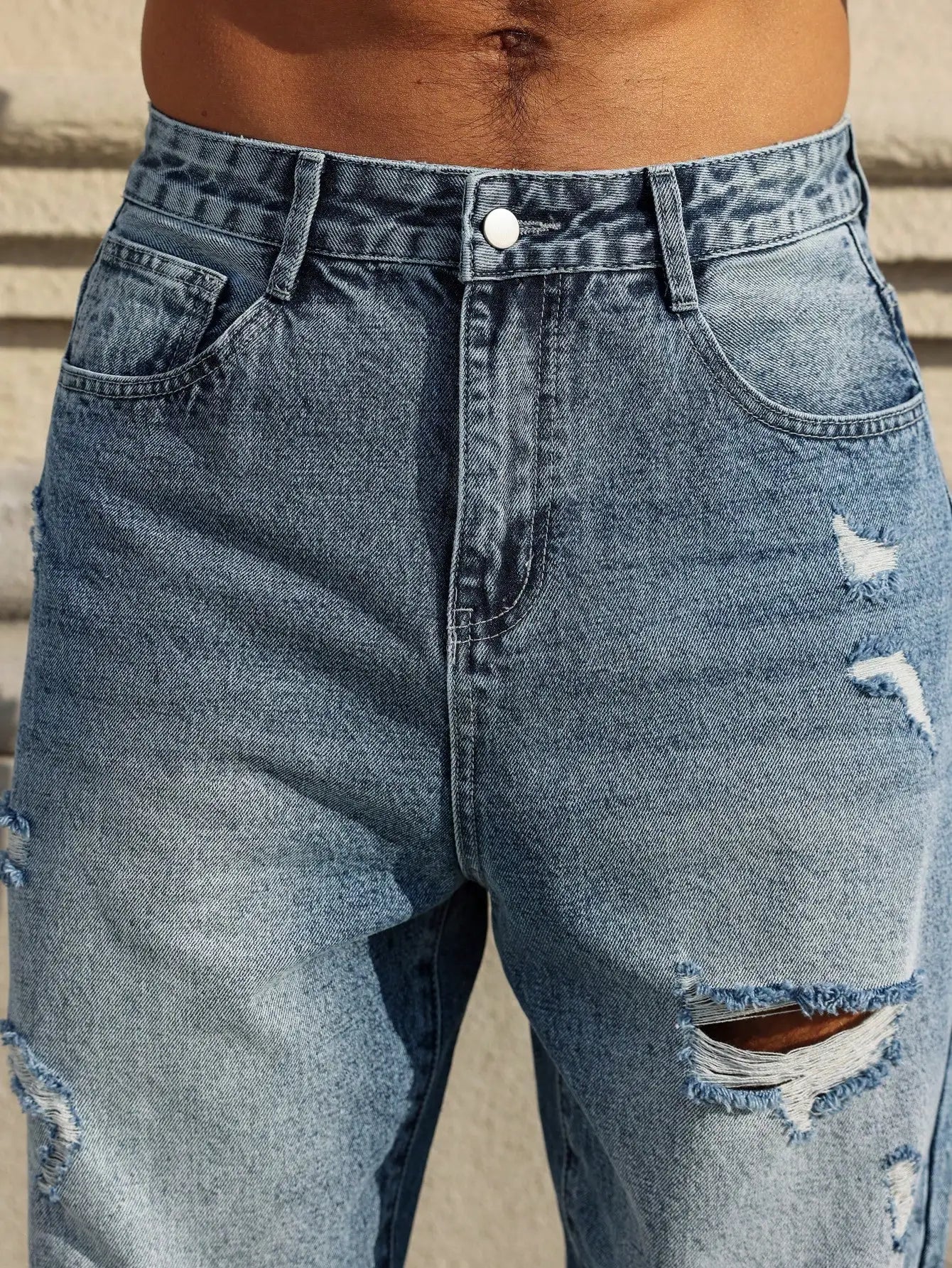 Men's blue ripped jeans, retro distressed beggar pants, street trend loose harem pants