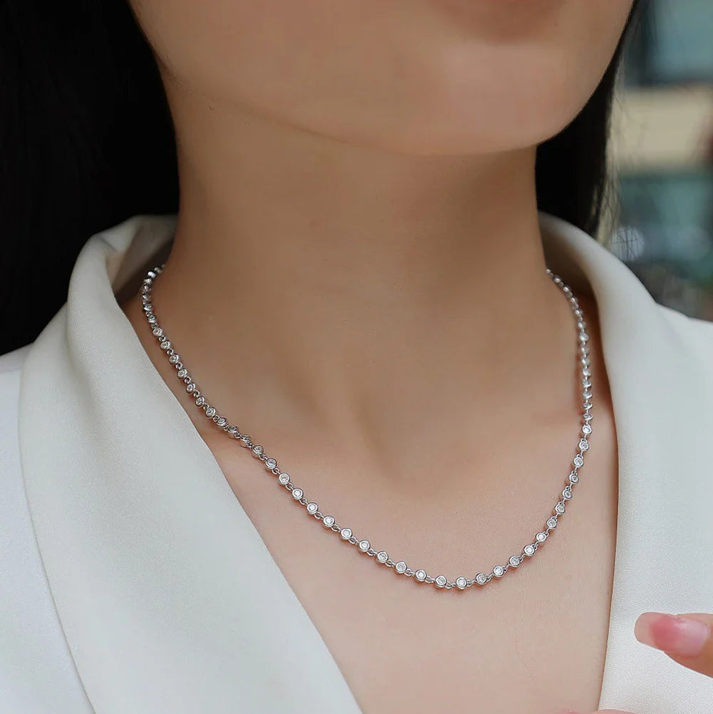 Certified 3mm Round Bezel Moissanite Tennis Necklace for Women 925 Sterling Silver Plated 18k Gold D Color Diamond Neckchain