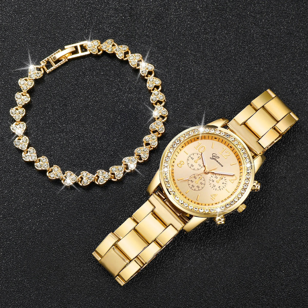 2PCS Women's Watch Fashion Rhinestone Ladies Analog Quartz Watches Bracelet Set Reloj Mujer Girls Clock Gift