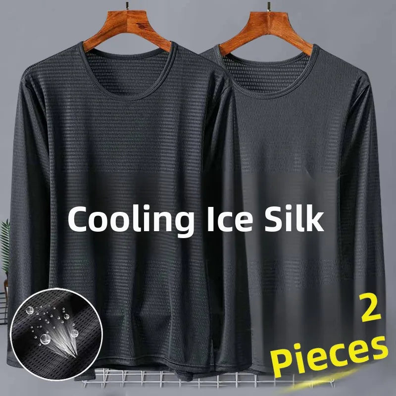 New 2025 Men's Ice Silk Breathable Sun Protection Hollow out Thin Long Sleeve Casual Sports T-Shirt Large Size Loose Fit