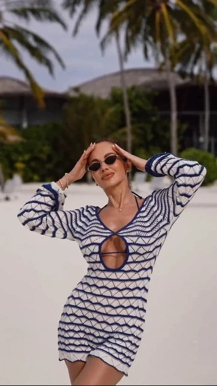Reto Blue Striped Bell Sleeve Knit Dress Sexy V-neck Cut Out 2025 Summer Women Seaside Holiday Mini A-Line Dresses K123