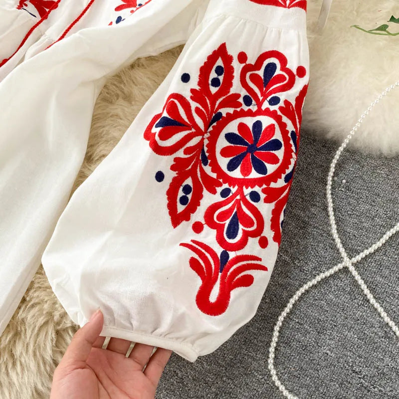 Embroidered Flower Long Sve Loose Fit Lantern Sve Gathered Slimming A-Line Dr Women's round Ne Dr