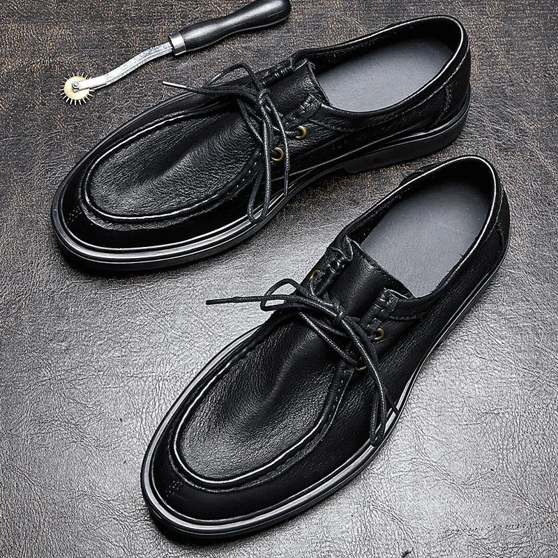 New Genuine Leather Men's Shoes Retro Soft Cowhide Men's Shoes British Business Casual Dress Lacing Soft Sole Leather Shoes