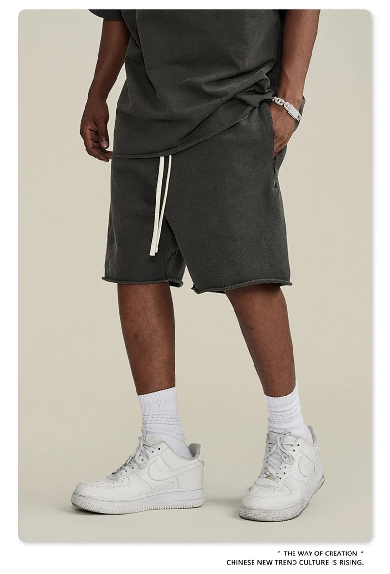 New Summer Men Retro Washed Shorts Unisex Drawstring Loose Edge 420gsm Solid Knee Length Cotton Pants Streetwears HY0589