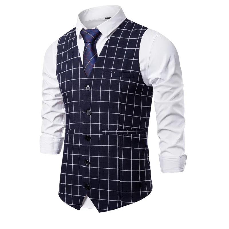 KIDWHXR 2026 Man Waistcoat Slim Plaid Business Casual Male Suit Vest V-neck Sleeveless Breathable Wedding Party Vest for Men