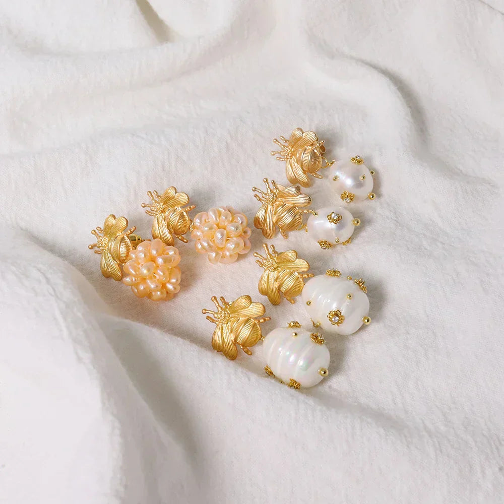 Bee And  With Natural Pearls Pearl Earrings 18K Gold Plated Jewelry Korean Designer Jewelry Earrings Gifts For Girlfriend