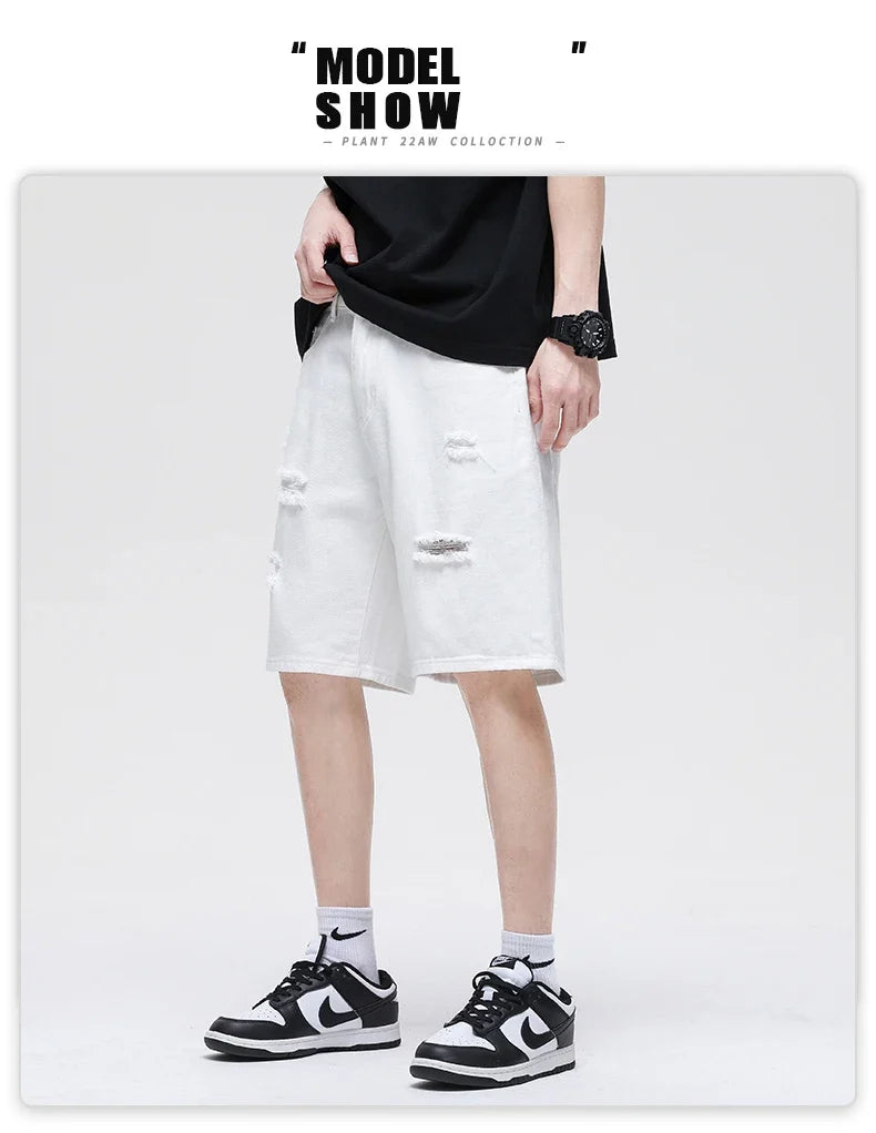 Summer New White Casual Men's Denim Shorts Ripped Fashion Loose Straight Street Bermuda Jeans Male Hole Short Pants
